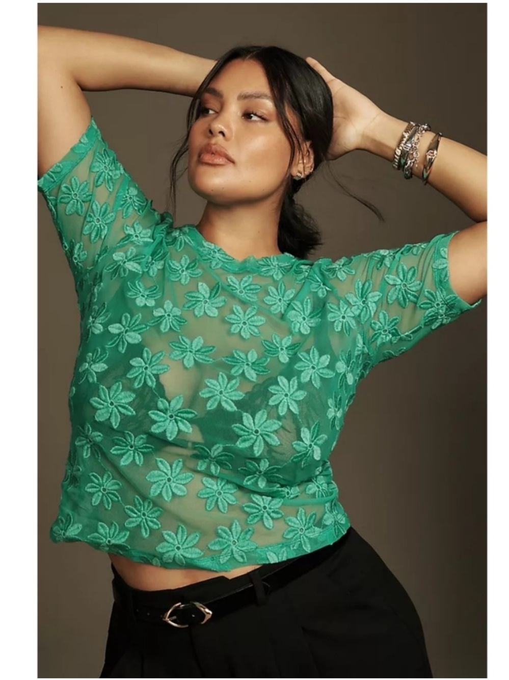 Anthropologie Porridge green floral sheer lace top sz 3X - Picture 2 of 9